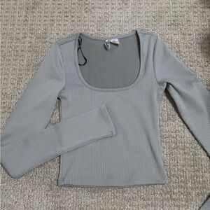 Gray Ribbed Long Sleeve Top